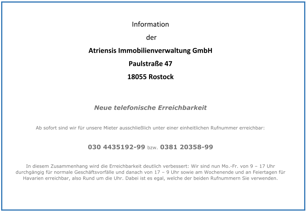 Information der Wohnungsverwaltung